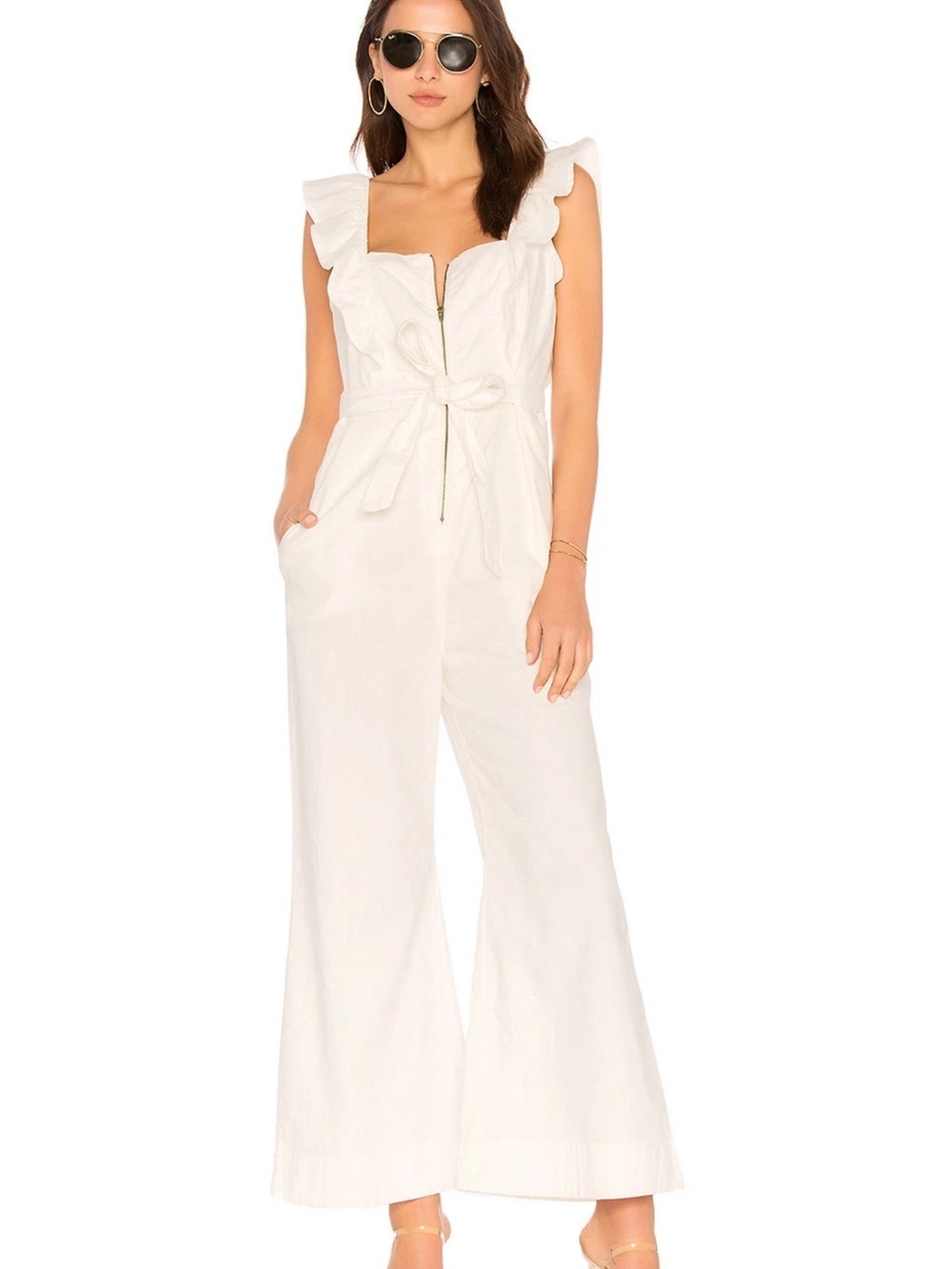 Free People Sun Valley Wide-Leg Jumpsuit Ruffles Ivory Sz 4 Coastal Granola NWT